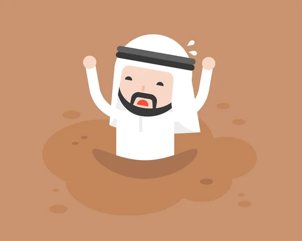 Arab Businessman Asking Help Because Trapped Quicksand Mud Flat Design — 스톡 벡터
