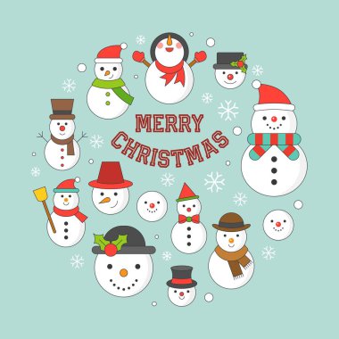 Noel tatili, ince anahat düzenlenebilir kontur için arka plan kardan adam ve kar taneleri simgesine