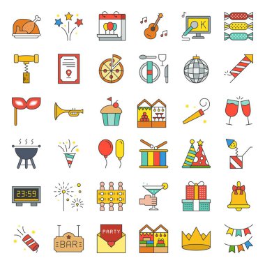 kutlama yeni yıl Noel partisi ve olay simge karaoke, yemek masası, Mangal, alkış gözlük, parti popper, geri sayım sayacı, sürpriz kutusu gibi eğlendirmek, lots.editable anahat Çiz