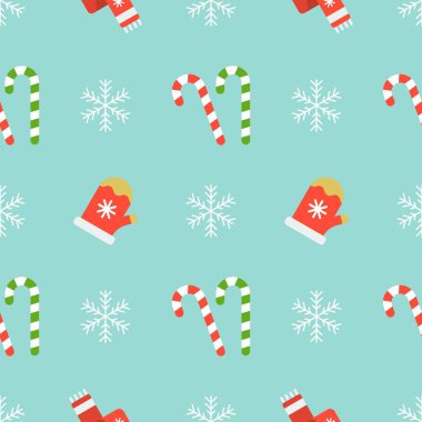 Kar tanesi, mitten eldiven ve şeker kamışı, Noel seamless modeli için kaydırma kağıt hediye, duvar kağıdı veya arka plan olarak kullanmak