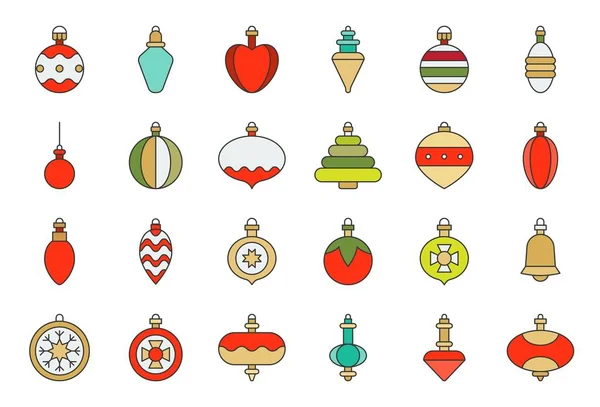 Natal Bola Ornamentos Ícone Conjunto Design Plano Esboço Curso Editável — Vetor de Stock