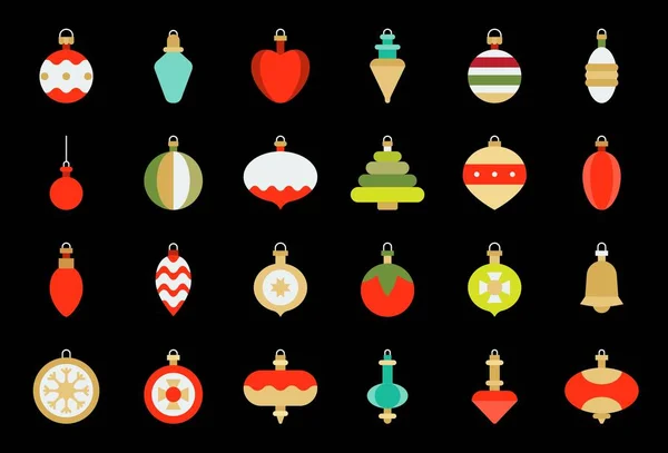 Christmas Ball Ornament Ikon Set Platt Design Svart Bakgrund — Stock vektor