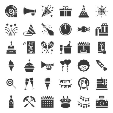 Doğum günü partisi, parti ilgili simge kümesi, glif veya beyaz zemin üzerinde sağlam tasarım.