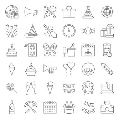 Doğum günü partisi, parti ilgili simge kümesi, düzenlenebilir kontur anahat beyaz arka plan üzerinde.