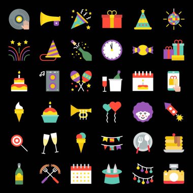 Doğum günü partisi, parti ilgili simgesini ayarla, grid sistemi üzerinde düz tasarım.