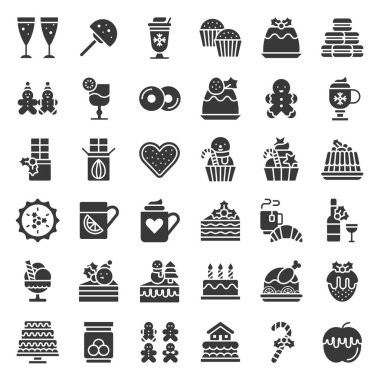 1 şarap, çilek fondü, ökse otu ile Noel kek dekorasyon gibi Noel ve kış yiyecek Icon set