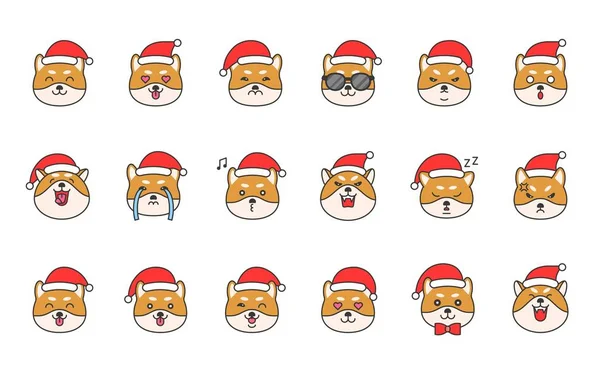 Shiba Inu Emoticon Instellen Gevuld Schets Ontwerp Vectorillustratie — Stockvector