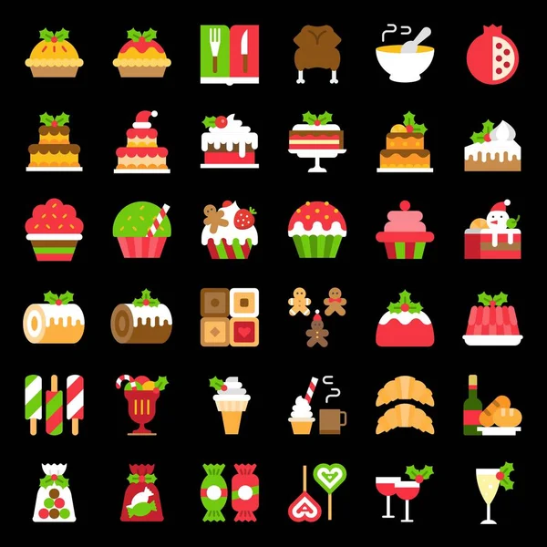 Christmas Food Related Icon Set Bakery Wine Biscuit Layered Cake — Stock Vector