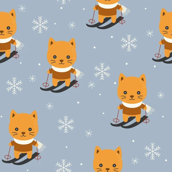 かわいい子猫スキー クリスマスのシームレス パターン テーマ 壁紙や包装紙の贈り物として使用するため — ストックベクタ