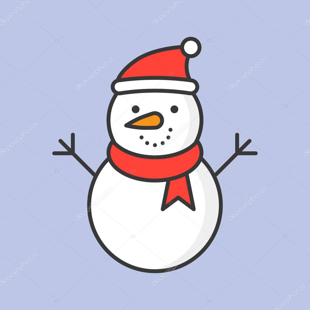 snowman outline icon on violet background, winter and christmas concept