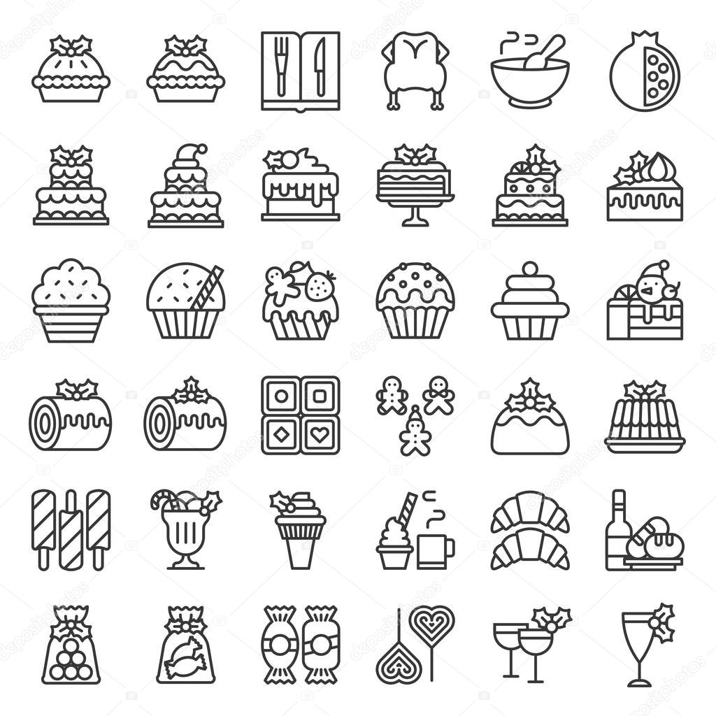 christmas food related icon set such as bakery; wine; biscuit; layered cake decorated with holly