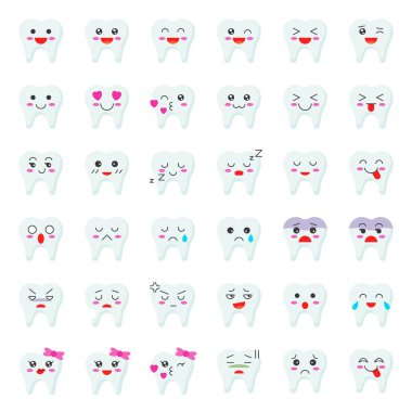 Sevimli diş çizgi film ifade seti, düz stil vektör çizim