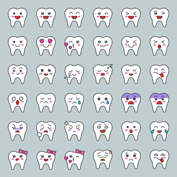 Conjunto Emoticons Desenhos Animados Dentes Bonitos Ilustração Vetorial Estilo Preenchido —  Vetores de Stock