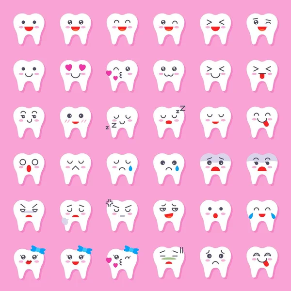 Conjunto Emoticones Dibujos Animados Diente Lindo Ilustración Vector Estilo Plano — Vector de stock