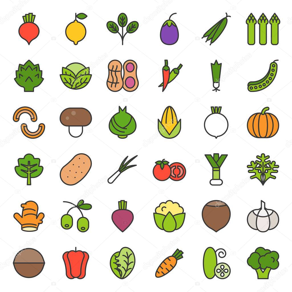 Vegetable icon set, filled outline style vector illustration