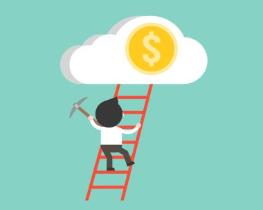 İşadamı Doları para bulut, vektör çizim için merdivene tırmanmak
