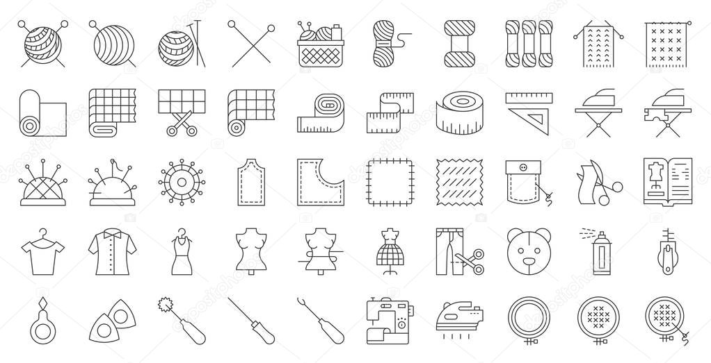 Sewing, handcraft and fashion design related icon editable outline