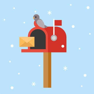 Postbox ve kuş zarf Noel Kış Tema, afiş düz tasarımı ile