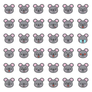 Şirin koalas duygu yüzler çeşitli ifadeler, üzerinde beyaz izole düzenlenebilir kontur simgeler koleksiyonu