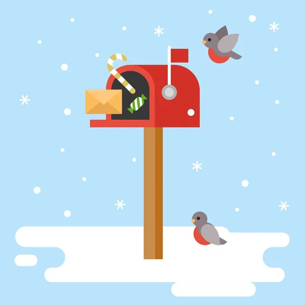Postbox Madár Karácsonyi Téli Téma Poszter Vektor Lapos Kivitel — Stock Vector