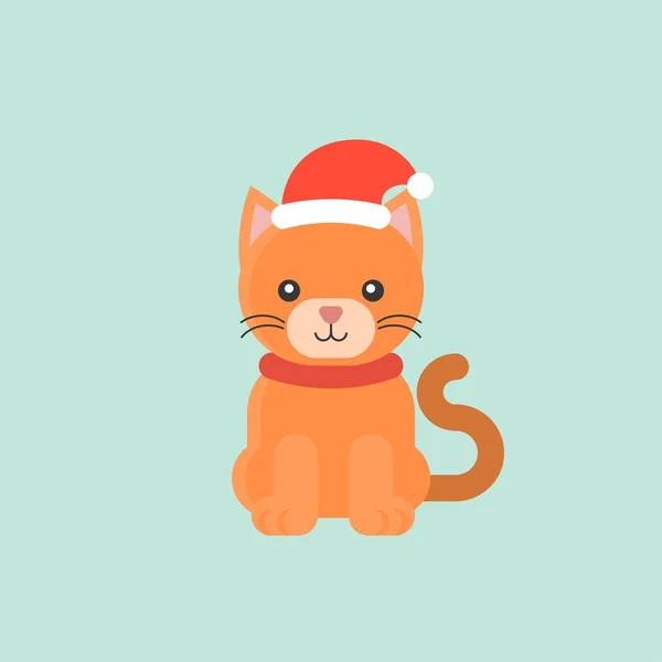 크리스마스 녹색에 고립에 디자인에 모자를 귀여운 고양이 — 스톡 벡터