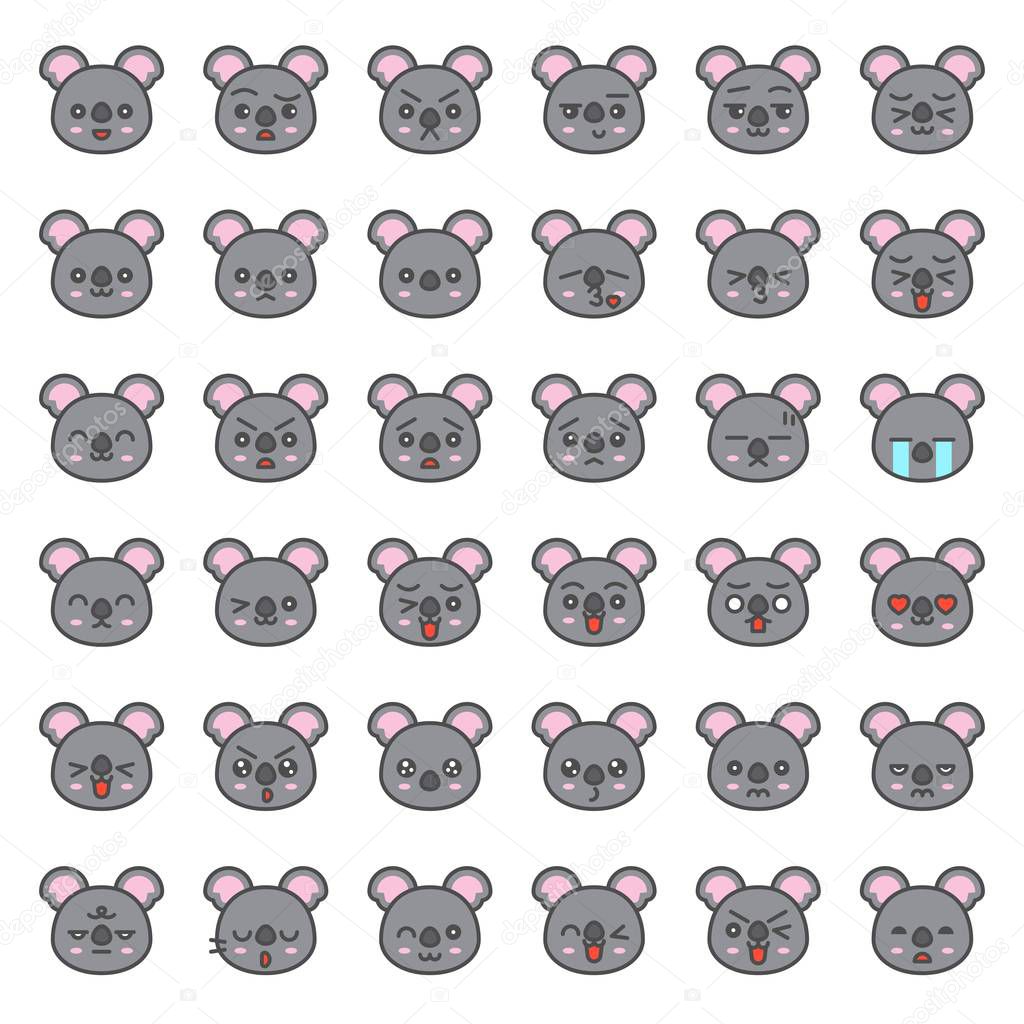 collection of Cute koalas emotion faces in various expressions, editable stroke icons isolated on white