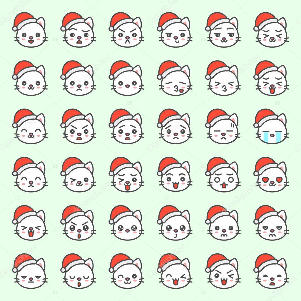 collection of Cute Santa cats emotion faces in various expressions, editable stroke icons on green background