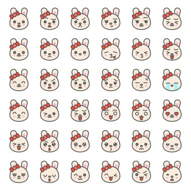 çeşitli ifadeler, üzerinde beyaz izole düzenlenebilir kontur simgeler koleksiyon sevimli tavşan duygu yüzler