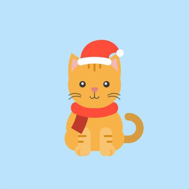 Noel Tema mavi izole, düz tasarım Noel Baba şapkası giyen sevimli yavru kedi