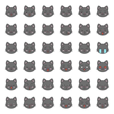 Cute koleksiyon duygu yüzler çeşitli ifadeler, düzenlenebilir kontur simgeler üzerinde beyaz izole kedi