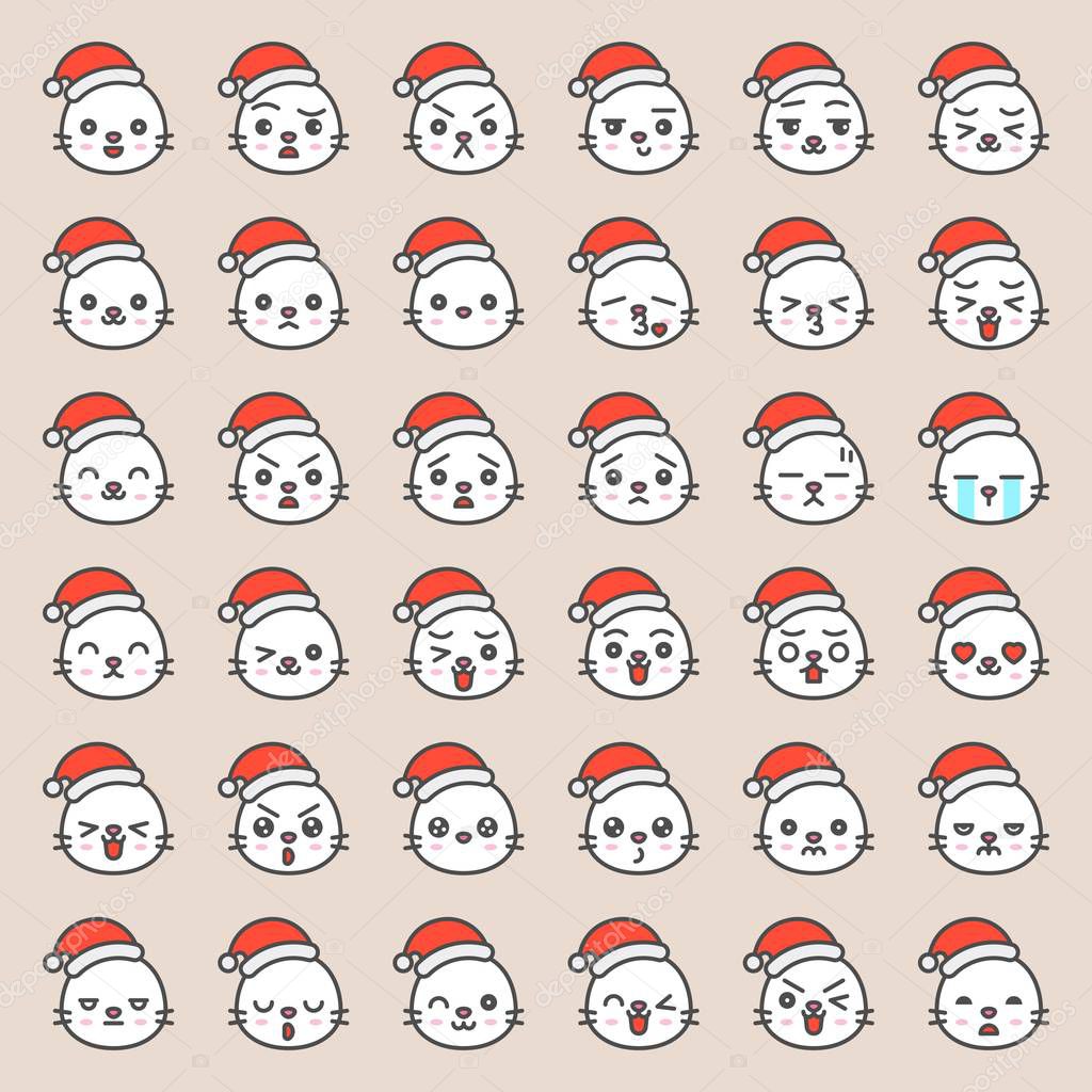 collection of Cute santa seals emotion faces in various expressions, editable stroke icons on beige background