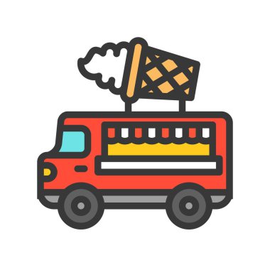 Dondurma kamyonu vektör, gıda kamyon tasarım düzenlenebilir kontur simgesini dolu.