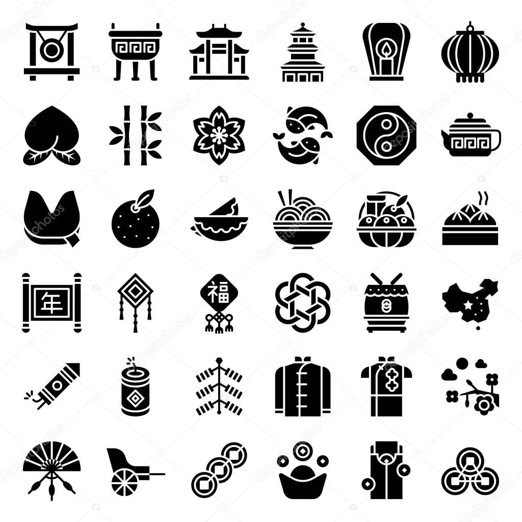 Chinese lunar new year vector icon set, solid style