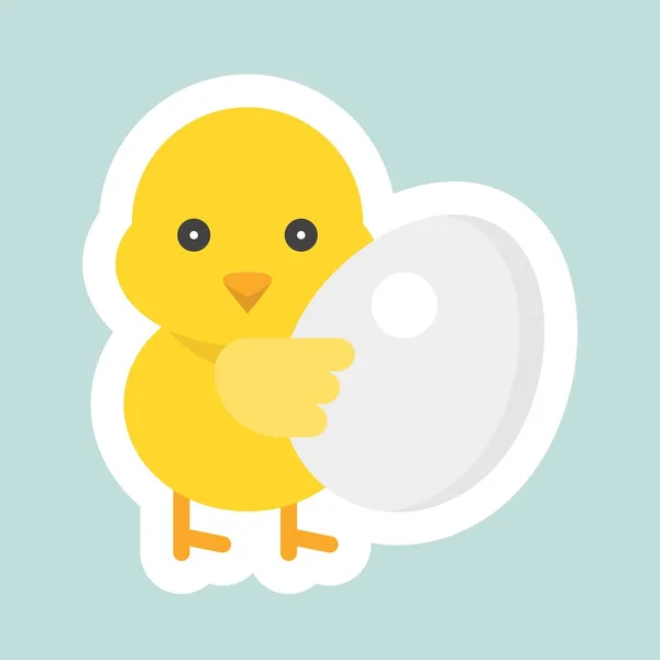Funny Chick Holding Chicken Egg Light Green Background — Stock Vector