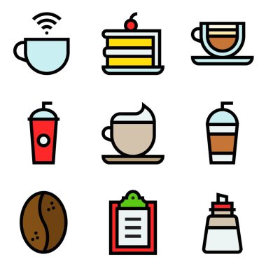 Kahve ile ilgili vektör simgesi seti, doldurulmuş stil düzenlenebilir anahat