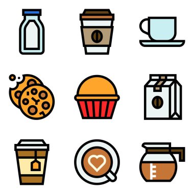 Kahve ile ilgili vektör simgesi seti, doldurulmuş stil düzenlenebilir anahat