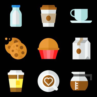 Kahve ile ilgili vektör simgesi seti, düz tasarım