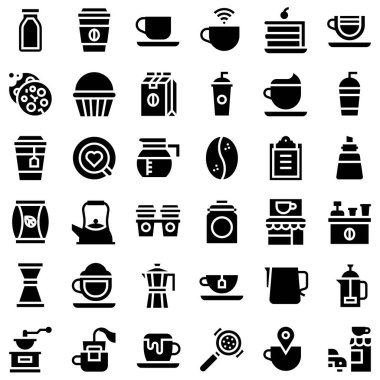 Kahve ile ilgili vektör simgesi seti, katı tasarım