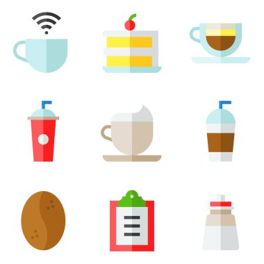 Kahve ile ilgili vektör simgesi seti 2, düz tasarım