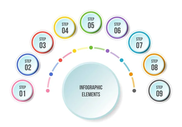 Gráfico Medio Círculo Plantillas Infografía Línea Tiempo Con Pasos — Vector de stock