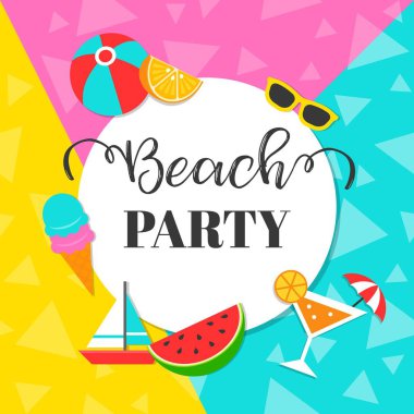 Summer Beach parti nesnesi ile renkli arka plan, vektör illüstrasyon