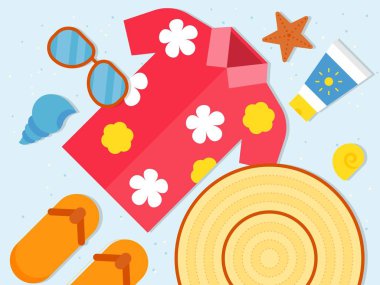 Plaj tatili için yaz ekipmanları, vektör illüstrasyon