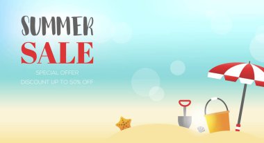 Yaz Satılık, plaj ekipmanları ile Summer Beach görünümü