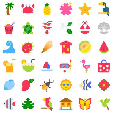 Tropikal ilgili vektör simgesi seti, düz stil