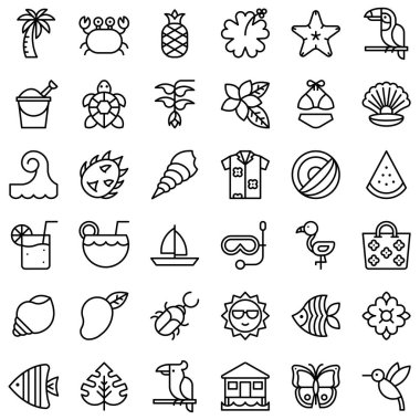 Tropikal ilgili vektör simgesi seti, çizgi stili