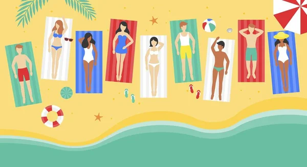 Vacaciones de verano, Personas en la alfombra de playa en la playa — Vector de stock