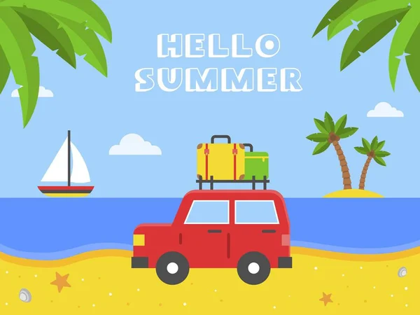 Olá Summer, Carro com bagagem na praia — Vetor de Stock