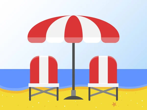 Plajda plaj sandalyeleri ve şemsiye — Stok Vektör