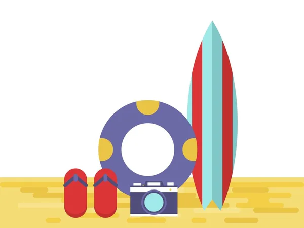 Surfplank, camera, zwemmen ring en flip flops vector — Stockvector