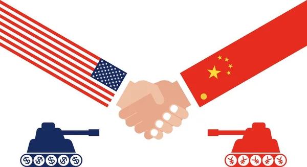 Zbiornik naprzeciw siebie, drżenie rąk z flagą Chin i zjednoczeni — Wektor stockowy